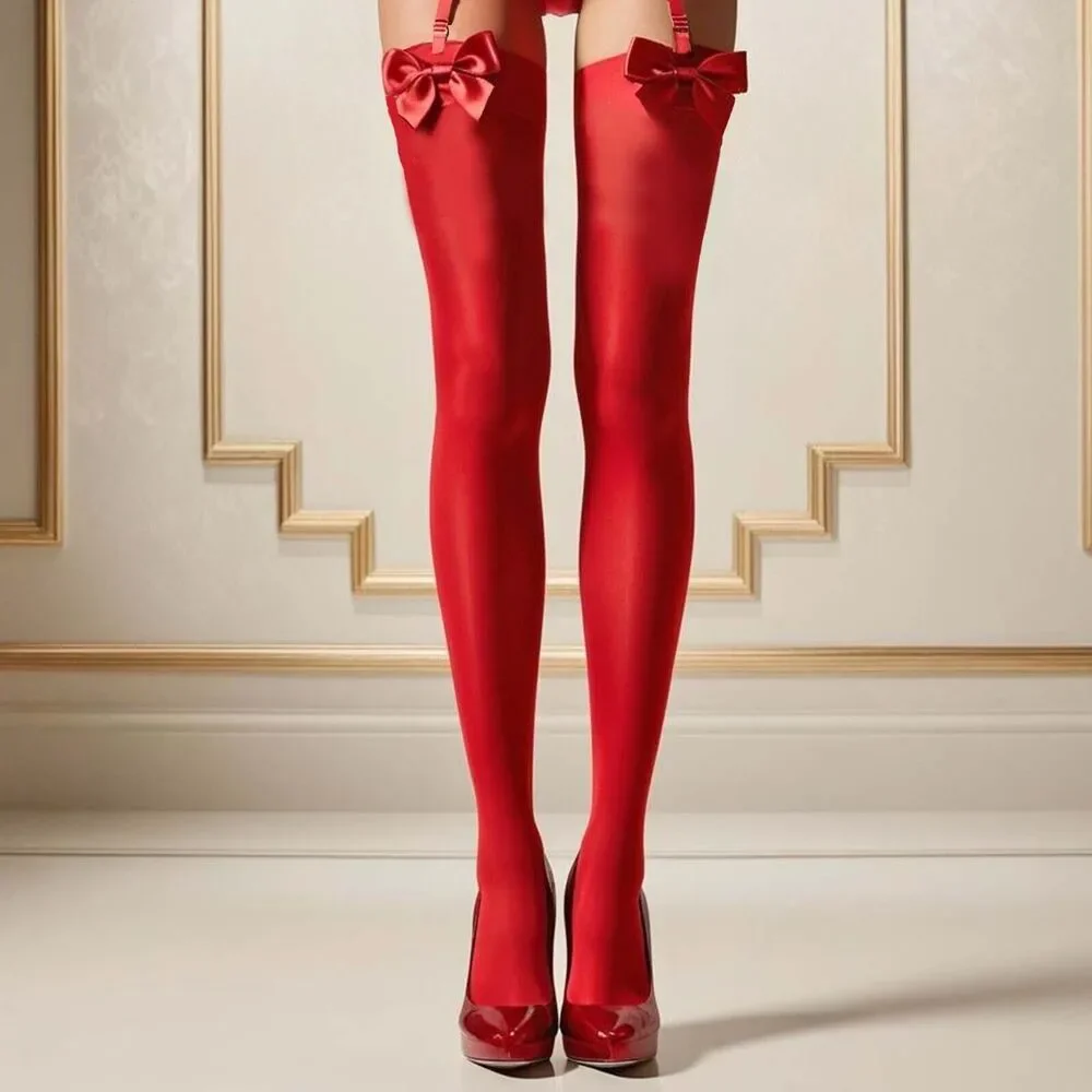 Satin Bow Opaque Stockings OS One Size Black Red White Thigh High Hosiery